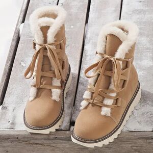 🍁 Tan Cozy Plush-lined Boots, Lace-up Outdoor Non-slip B…